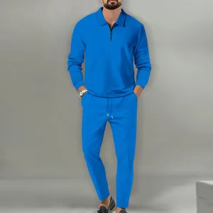 Men casual waffle knit long sleeve polo shirt and trousers two piece outfit blue set