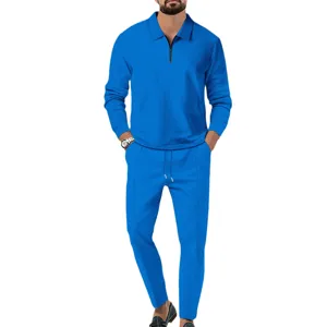 Men Casual Waffle Knit Long Sleeve Polo Shirt and Pants Two Piece Tracksuit Set Blue