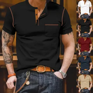 Men short sleeve Henley shirt contrast stitch casual summer fashion t-shirt top