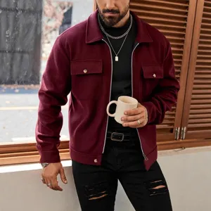 Heren wolmix jas met rits streetwear stijl bordeauxkleurige winterse bovenkleding