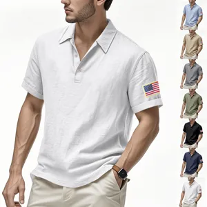 Men's summer linen short sleeve polo shirt with flag patch detail showcasing color variants.