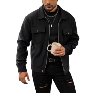 Heren zwart wolmixjack met rits, streetwear casual bovenkleding voor herfst en winter.
