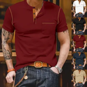 Men's short sleeve henley t-shirt with contrast stitching and chest pocket for summer.