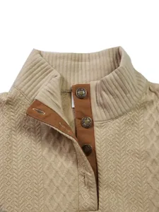 Close-up detail of men's casual stand collar knit pullover sweater with snap buttons.