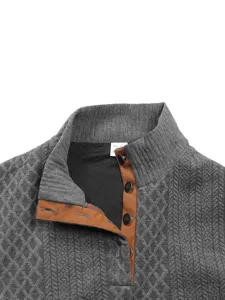 Men's grey knit sweater collar detail featuring stand-up design and brown snap button placket.