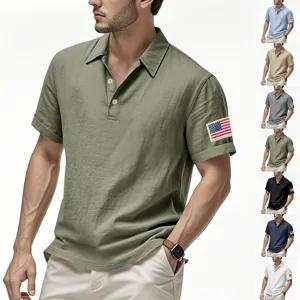 Men's Casual Linen Blend Short Sleeve Polo Shirt With US Flag Embroidery Breathable American Style Lapel Neck Top For Summer