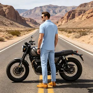 Conjunto de camisa de manga corta de lino retro y pantalón casual para hombre, estilo moto.