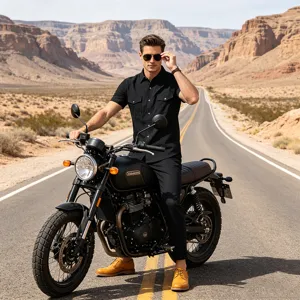 Camisa negra manga corta estilo moto vintage de hombre vista de detalle lifestyle.