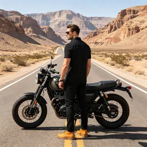 Escena de carretera en el deserto que destaca los detalles de la camisa casual en un modelo.