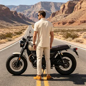 Camisa de manga corta de lino retro para hombre en una clásica escena de moto en el desierto.