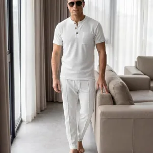 Men waffle knit short sleeve lounge set detail view, comfortable casual homewear outfit.