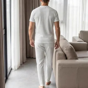 Men's waffle knit short sleeve top and long pants casual lounge set for comfortable daily wear.