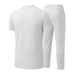 Detail view of men's white waffle knit casual suit back, textured fabric close-up.