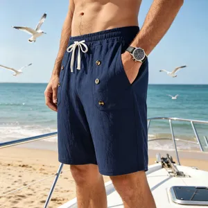 Men's casual linen shorts summer breathable beach multi pocket drawstring navy blue trouser