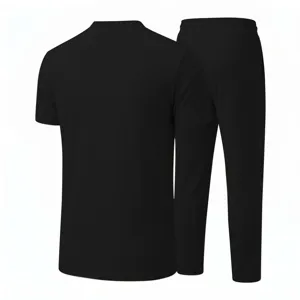 Men's waffle knit short sleeve shirt and casual trousers set, comfortable daily wear style.