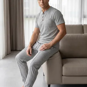 Men waffle knit short sleeve henley shirt and matching lounge pants casual tracksuit set