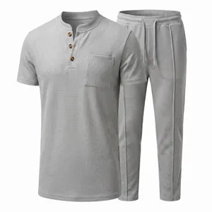 Men waffle knit short sleeve button henley shirt and pocket casual pants detail view