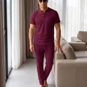 Men waffle knit short sleeve shirt cargo pants casual matching set comfortable lounge wear