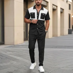 Conjunto Casual de Punto de Gofre Patchwork para Hombre Camisa de Manga Corta Top And Bottom Conjuntos a Juego Smart Casual Streetwear de Verano