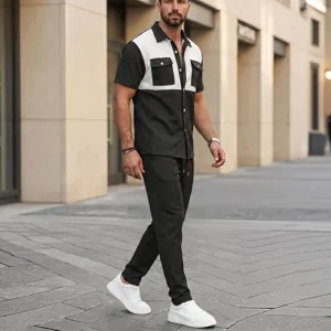 Conjunto casual de camisa de manga corta y pantalón de nido de abeja detalle bloque color.