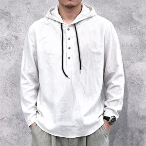 Men's Linen Hooded Shirt Long Sleeve Henley Neck Drawstring Hoodie Casual Loose Fit Lightweight Breathable Solid Color Summer Beach Top
