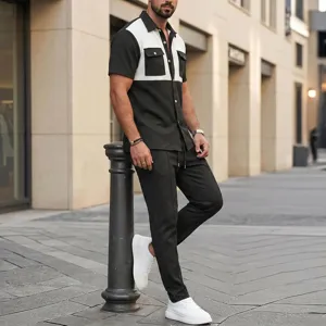 Conjunto camisa manga corta pantalones waffle hombre detalle estilo urbano casual moda