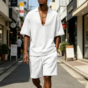Men's summer casual waffle two-piece set, deep V-neck short sleeve t-shirt and matching shorts.