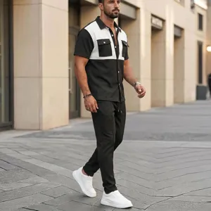 Conjunto casual de dos piezas para hombre con camisa de manga corta y pantalones.