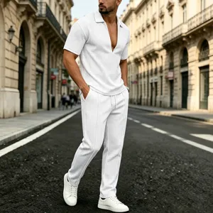 Urban street style detail view of mens white waffle knit v neck short sleeve two piece suit.