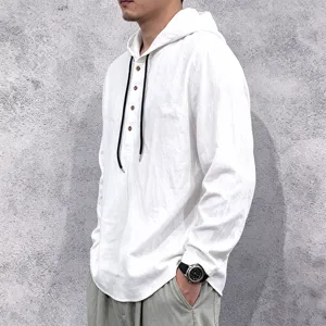 Details of the mens long sleeve linen hoodie with drawstring and front buttons casual top.