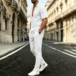 Men summer waffle knit casual two piece set with short sleeve polo shirt and long trousers.