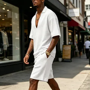 Men waffle knit two piece set casual short sleeve V-neck t-shirt and shorts streetwear.