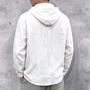 Men's white long sleeve linen hooded shirt casual loose pullover top with drawstring
