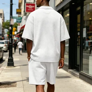 Men's summer casual waffle knit short sleeve t-shirt and shorts two-piece sportswear set