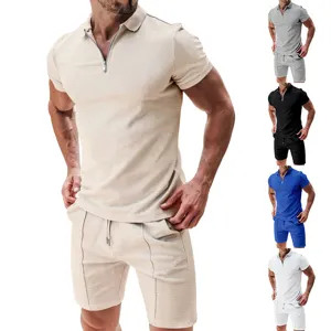 Men casual waffle knit short sleeve polo shirt and shorts set summer tracksuit outfit
