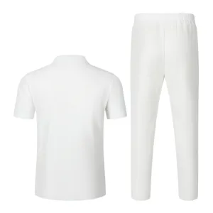 Men's white short sleeve polo shirt and long pants casual waffle two piece set summer