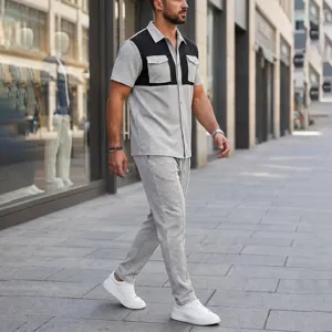 Conjunto de camisa manga corta y pantalon gofre hombre detalle estilo urbano casual moderno.
