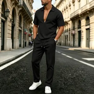 Men Casual Waffle Two-Piece Set Short Sleeve V-Neck Top and Pants Summer Streetwear