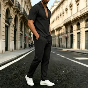 Men casual short sleeve waffle two piece set summer deep v neck fashion streetwear outfit
