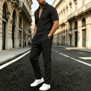 Detailed look at the men's waffle knit short-sleeve deep V-neck shirt and trousers set.