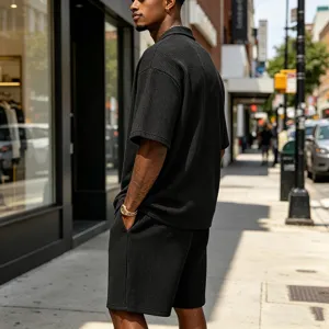 Men casual waffle short sleeve shirt and shorts set summer solid color two piece outfit.