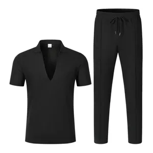 Men's casual black short sleeve deep v-neck polo shirt and drawstring long pants set.