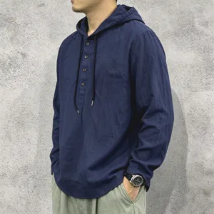 Men's casual long sleeve hooded linen shirt with drawstring and buttons for daily wear.