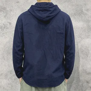 Men long sleeve linen hoodie casual solid color top back view detail showing comfortable fit.