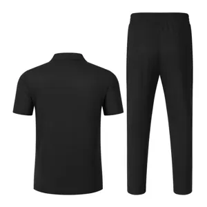Men black short sleeve polo shirt and pants casual two piece set summer wear detail view