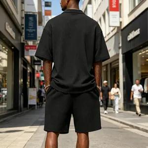 Men's waffle knit short sleeve polo and shorts summer casual two-piece outfit detail view.