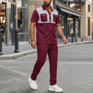 Conjunto casual de dos piezas para hombre de camisa y pantalón largo waffle