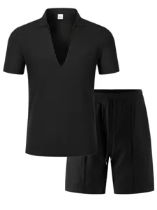 Detailed view of men casual sportswear set featuring deep v-neck short sleeve t-shirt.