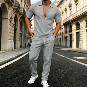 Men's summer casual two-piece set, grey short sleeve V-neck polo shirt and matching trousers.