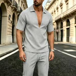 Men's grey waffle knit short sleeve V-neck top and trousers casual two-piece summer set.